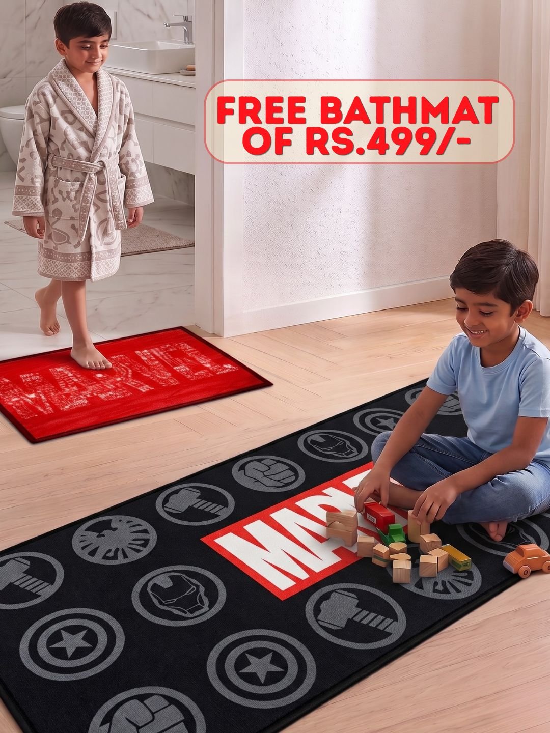 Buy Kids Marvel Runner Carpet and Get Kids Marvel Bathmat Free| Black & Red - Athom Living