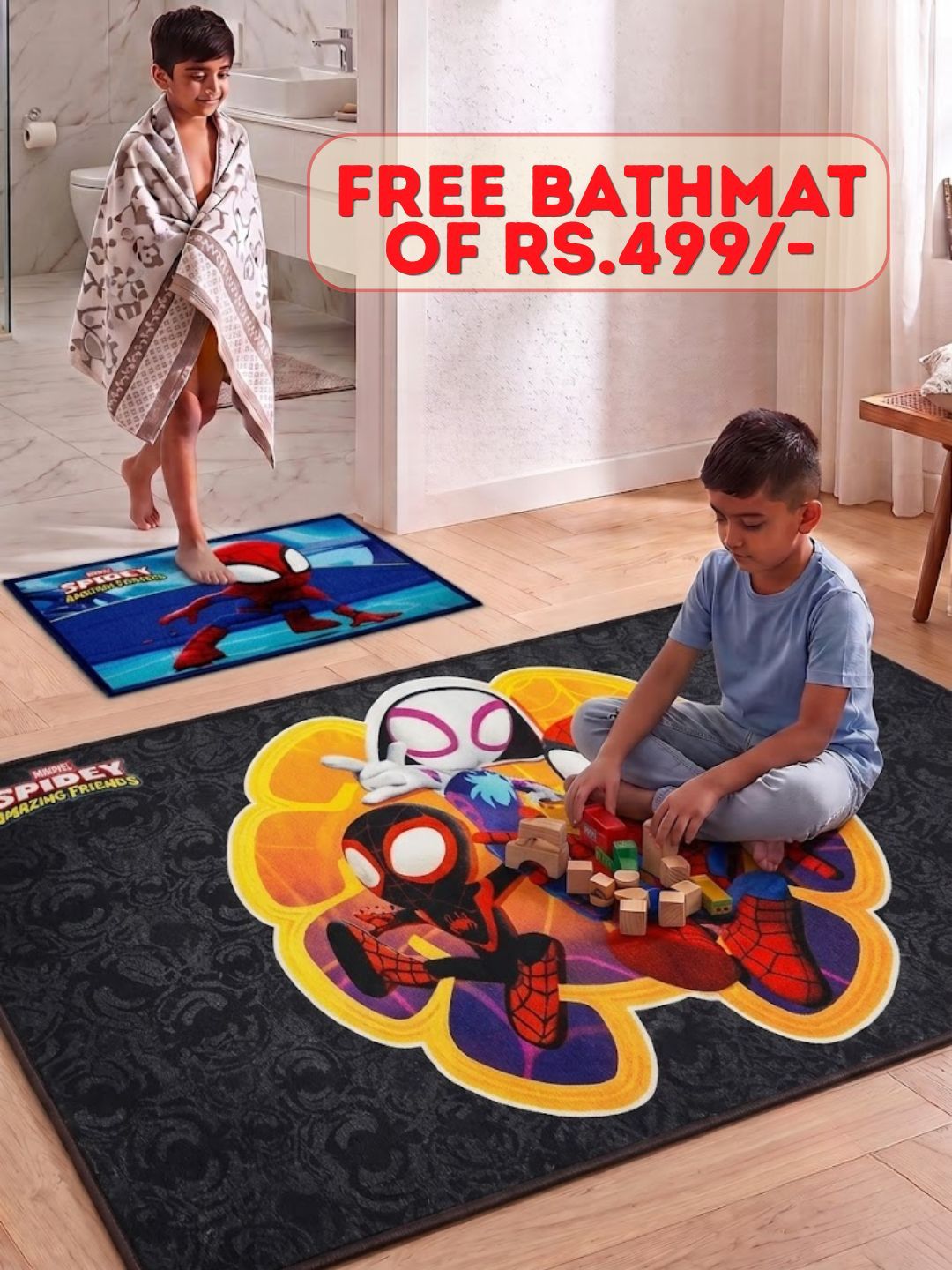 Buy Kids Marvel Spidey Carpet and Get Kids Marvel Spidey Bathmat Free | Black & Blue - Athom Living