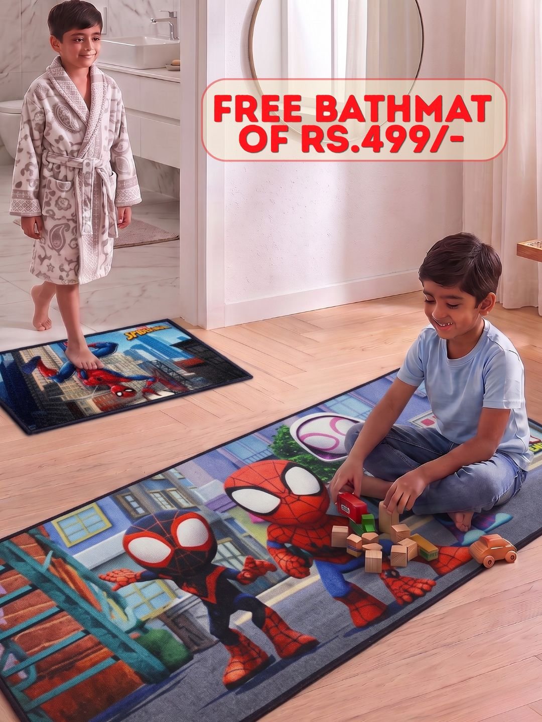 Buy Kids Marvel Spidey Runner Carpet and Get Kids Spiderman Bathmat Free| Multicolor - Athom Living