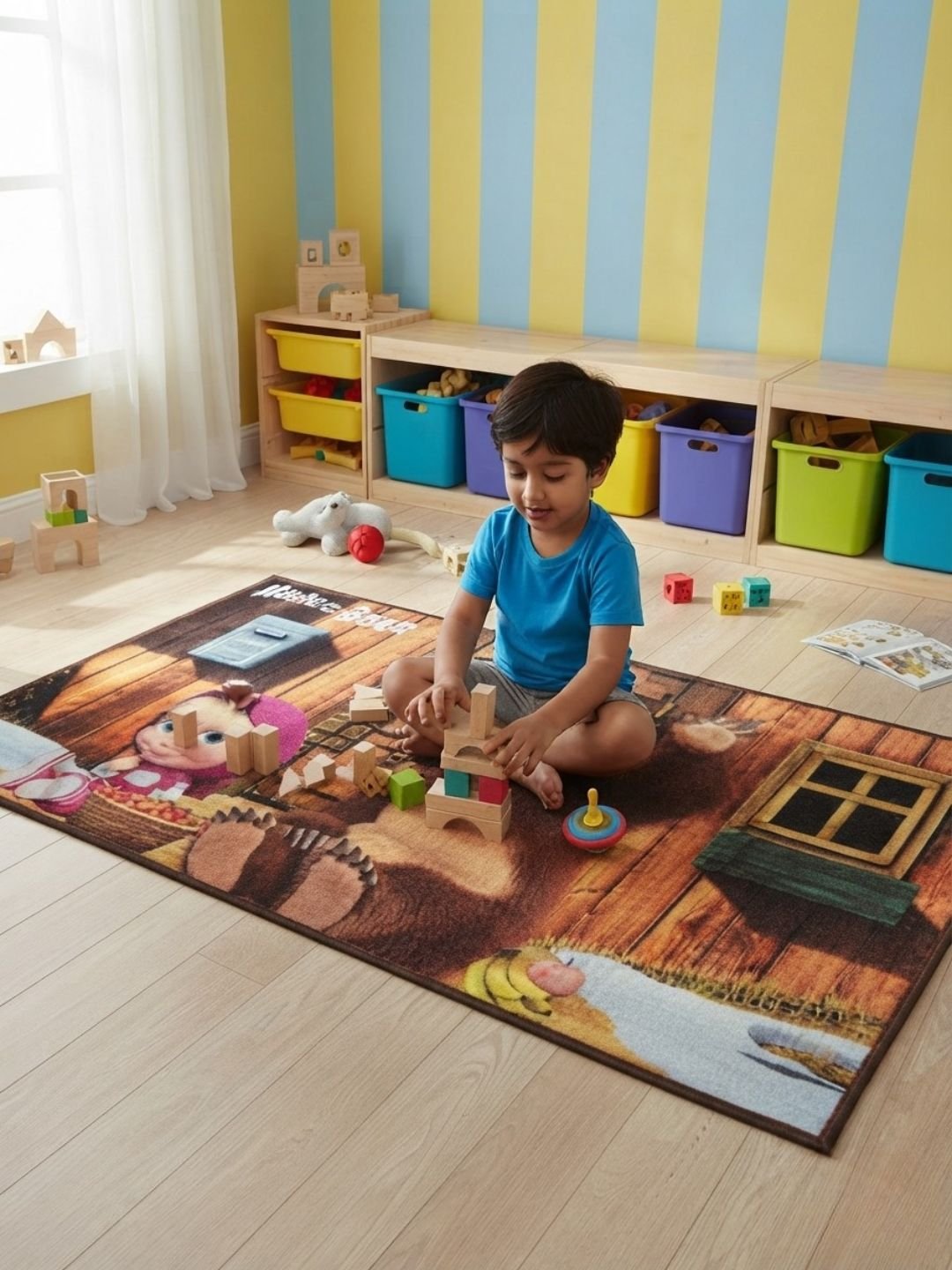 Buy Kids Masha & The Bear Carpet and Get Bathmat Free | Brown & Blue - Athom Living