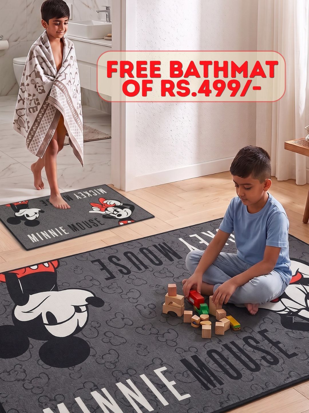 Buy Kids Mickey Carpet and Get Kids Mickey Mouse Bathmat Free | Grey - Athom Living