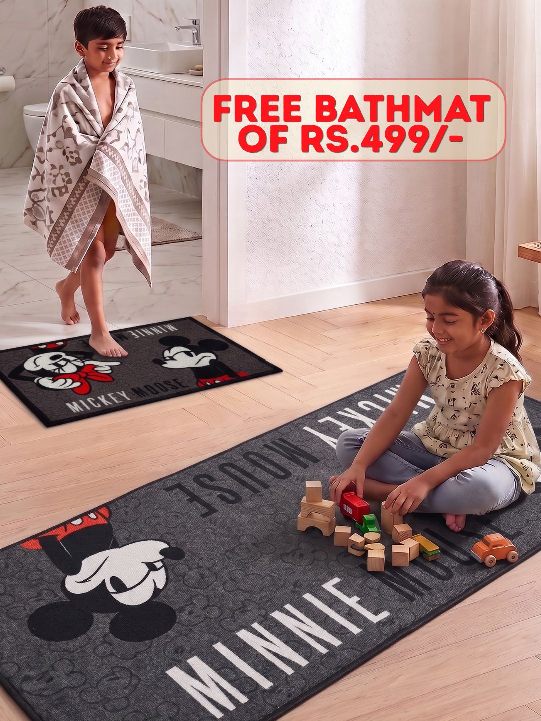 Buy Kids Mickey & Minnie Runner Carpet and Get Kids Mickey & Minnie Bathmat Free| Black - Athom Living