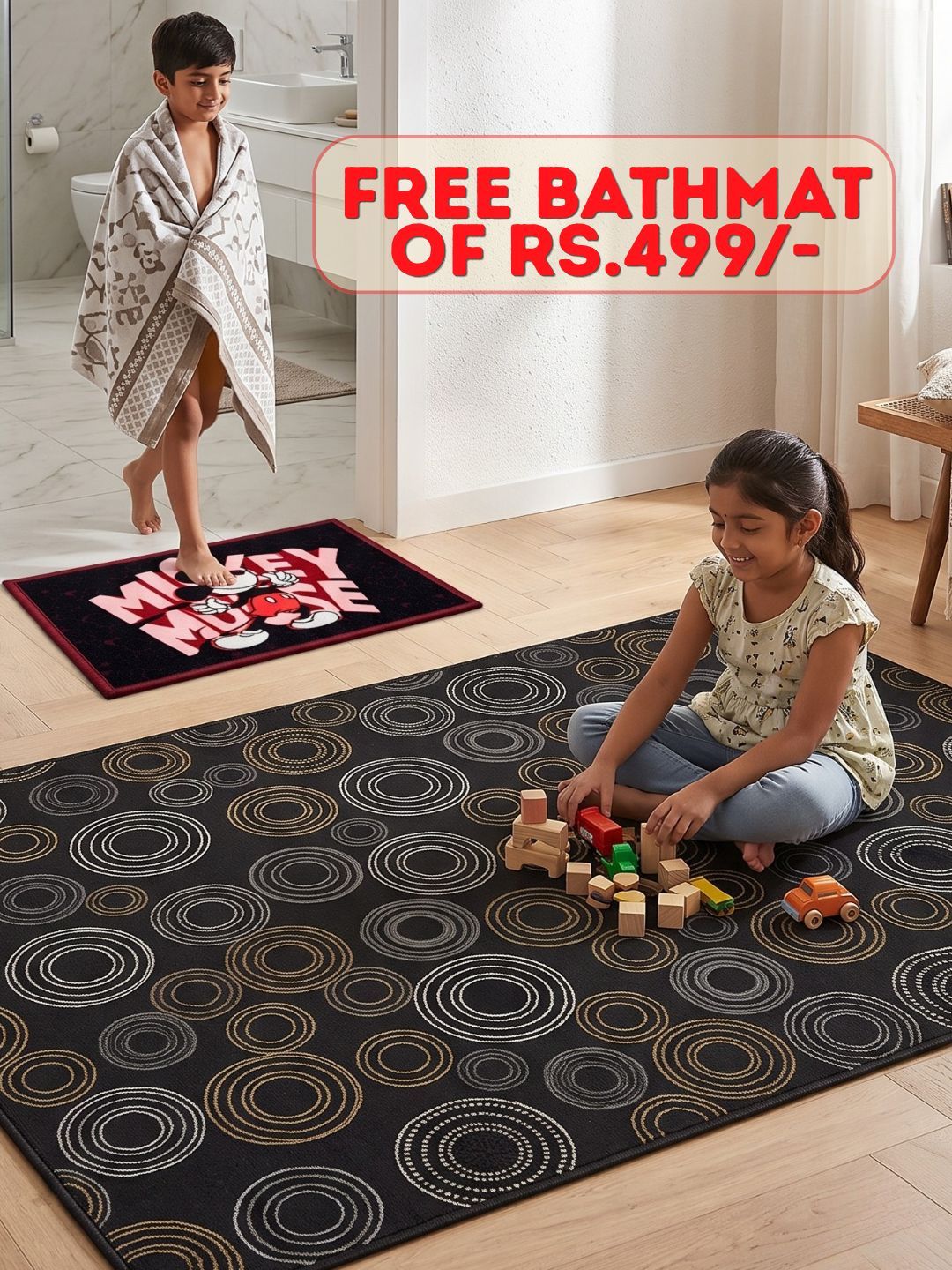 Buy Kids Mickey Mouse Carpet and Get Kids Mickey Mouse Bathmat Free | Black - Athom Living