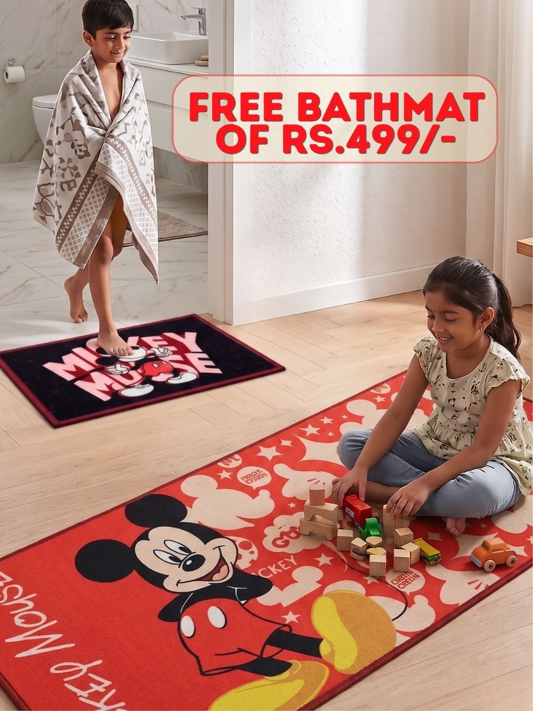 Buy Kids Mickey Mouse Runner Carpet and Get Kids Mickey Mouse Bathmat Free| Red & Black - Athom Living