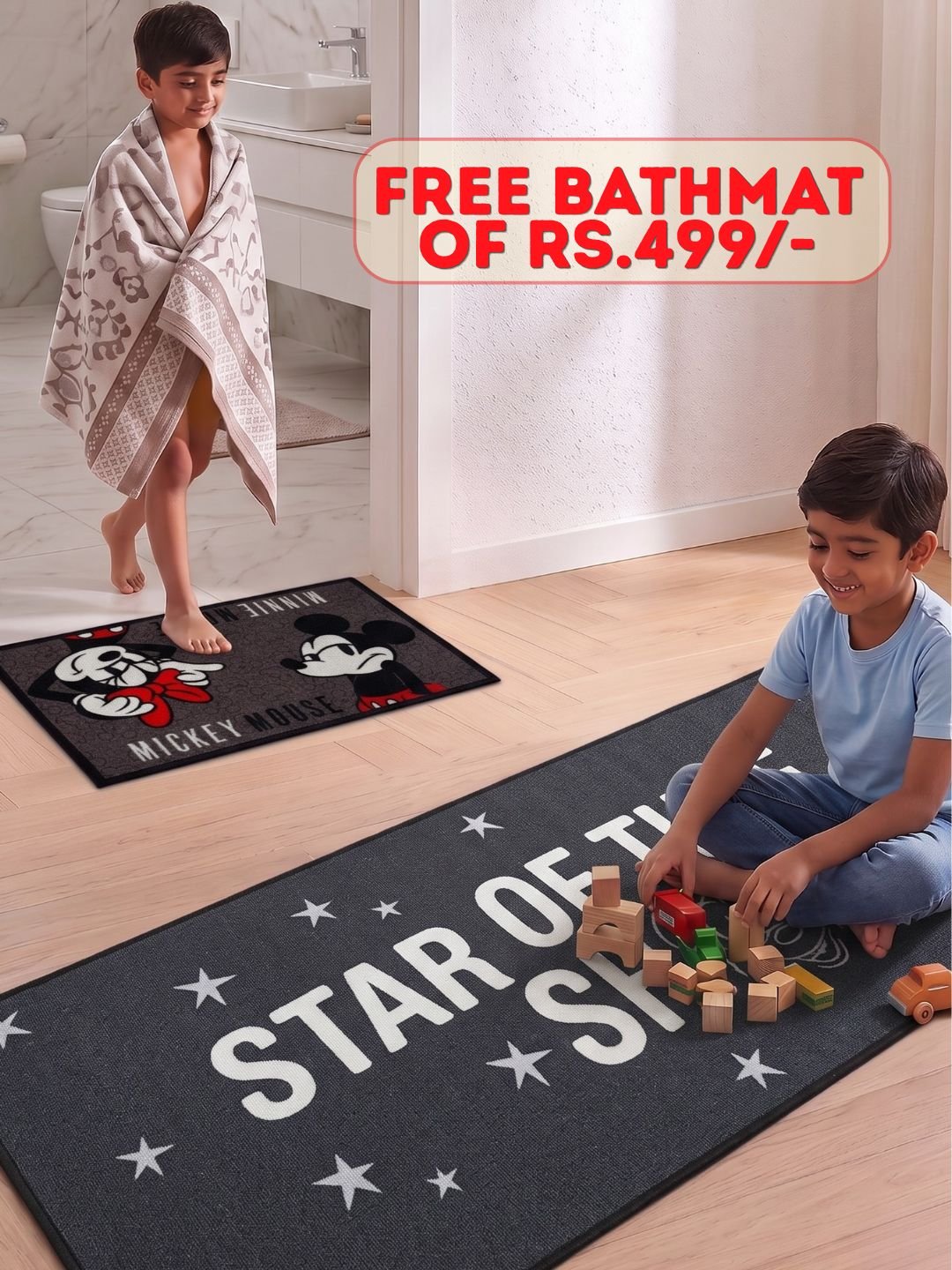 Buy Kids Mickey Theme Runner Carpet and Get Kids Mickey Mouse Bathmat Free| Grey - Athom Living