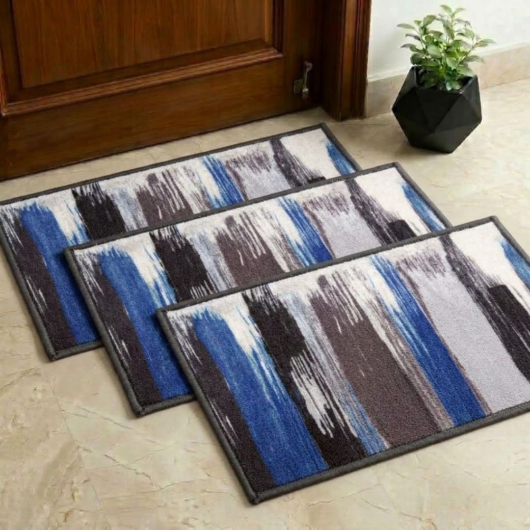 Canvas Blue Premium Anti Slip Printed Door Mat Pack of 3 by Athom Living - Athom Living