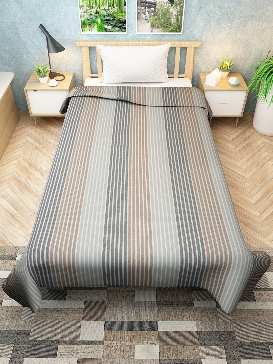Chaddar Summer Stripes Light Grey & Brown Single Cotton Bedsheet Soft & Light by Athom Living - Athom Living