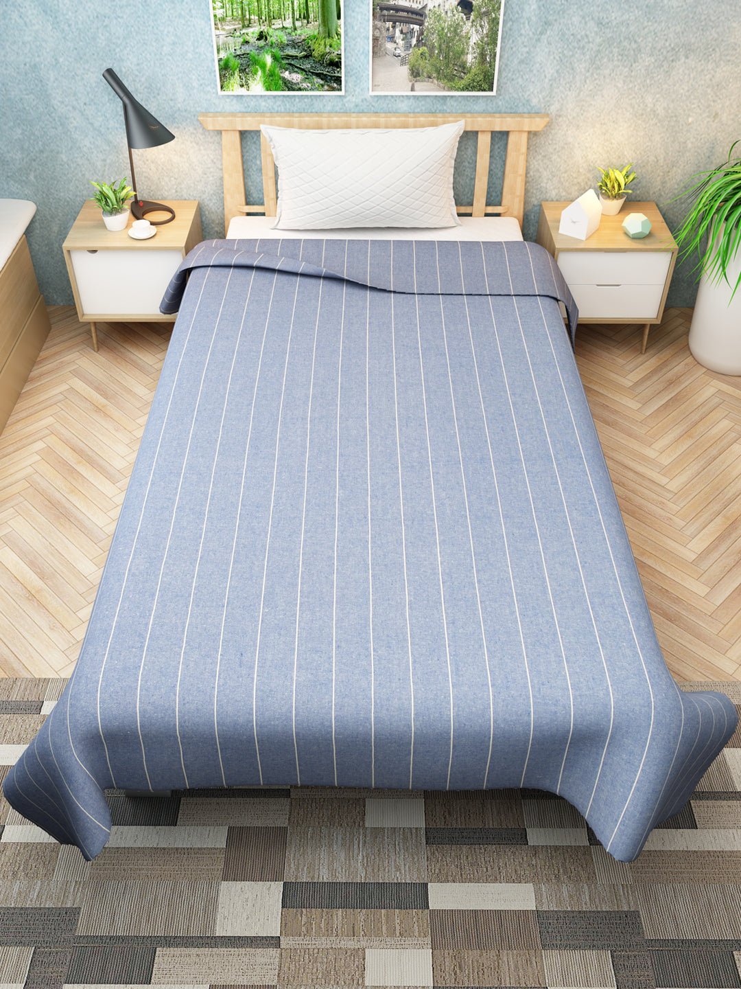 Chaddar Summer Stripes Light Sky Blue Single Cotton Bedsheet Soft & Light by Athom Living - Athom Living