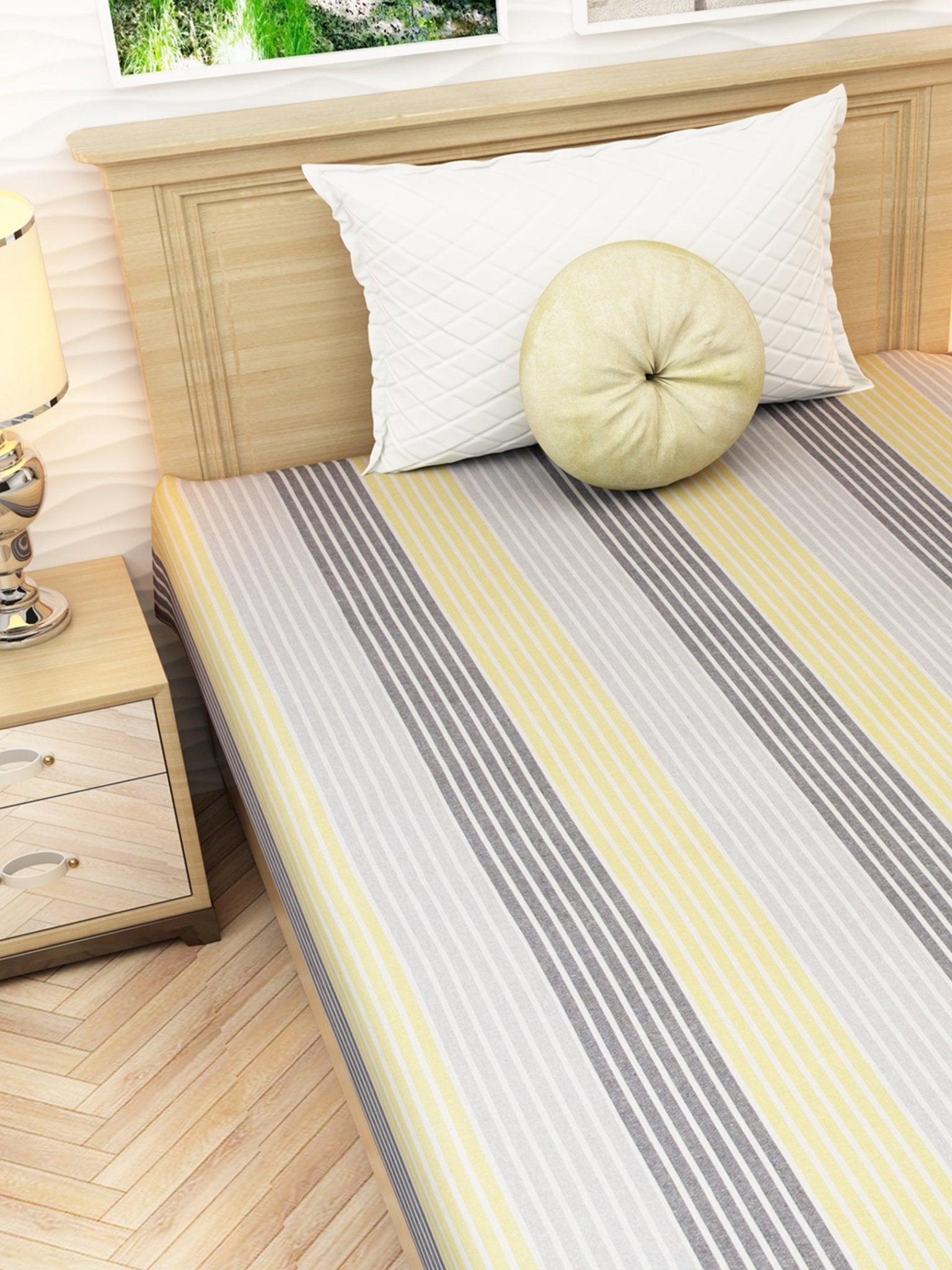 Chaddar Summer Stripes Light Yellow & Grey Single Cotton Bedsheet Soft & Light by Athom Living - Athom Living