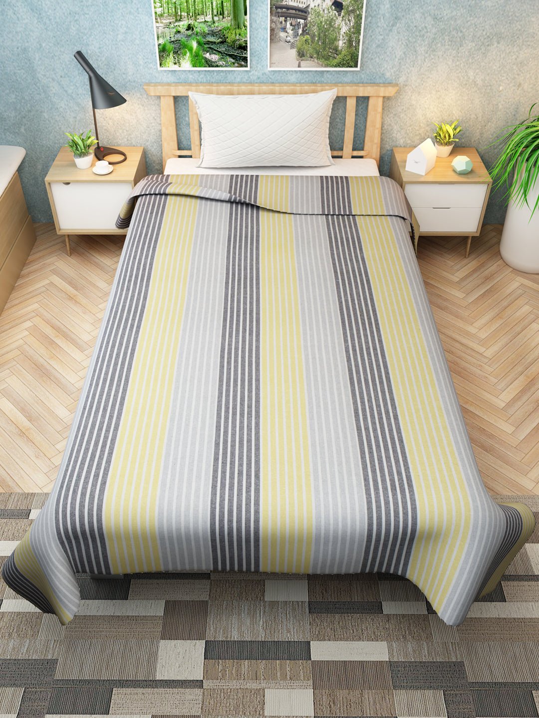 Chaddar Summer Stripes Light Yellow & Grey Single Cotton Bedsheet Soft & Light by Athom Living - Athom Living