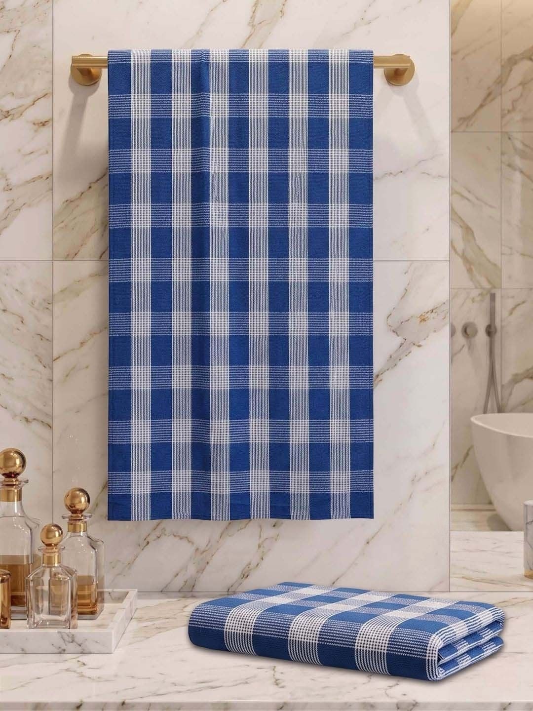 Checks Bath Towel for Men & Women Blue -By Athom Living - Athom Living