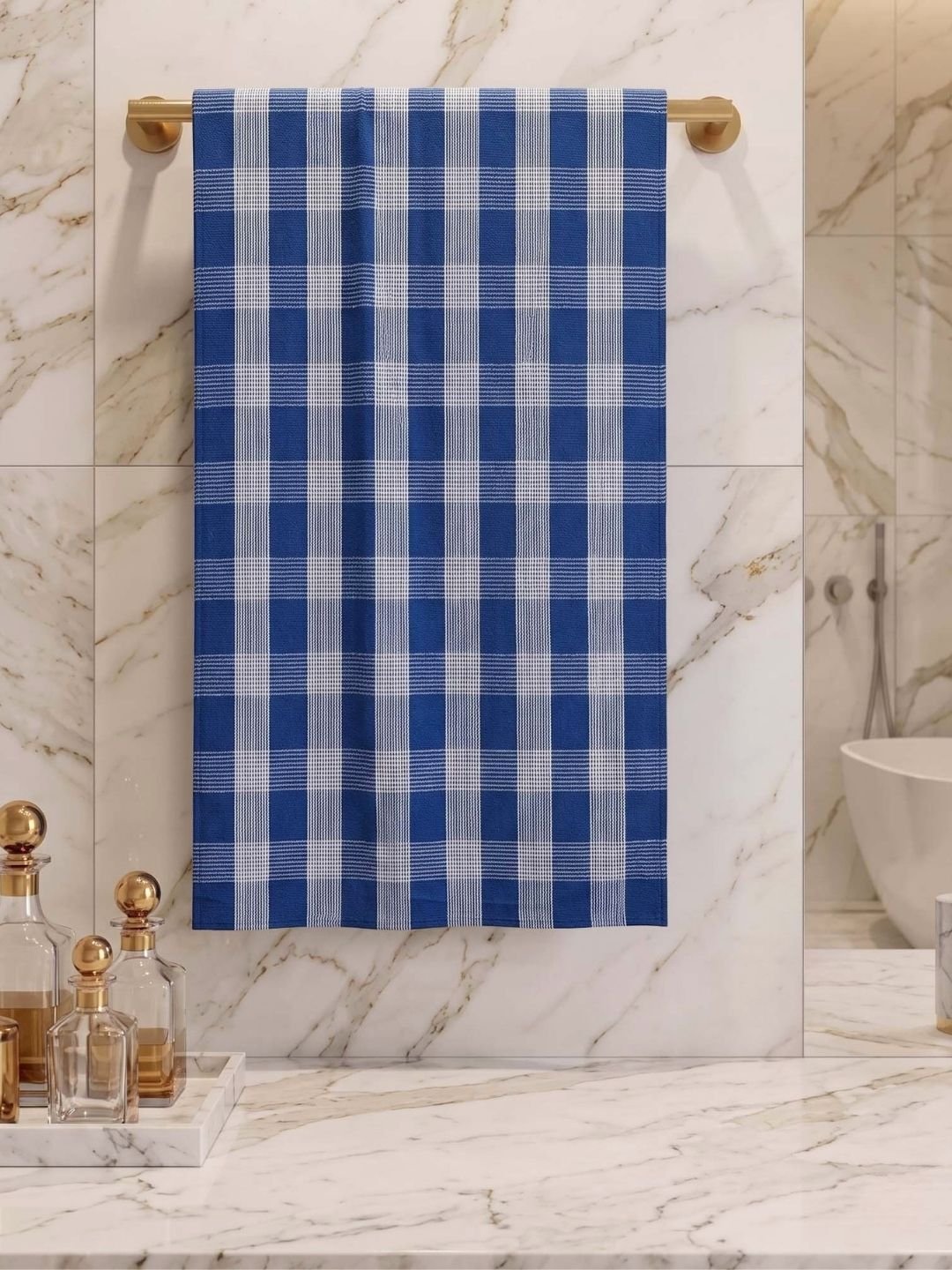 Checks Bath Towel for Men & Women Blue - By Athom Living - Athom Living