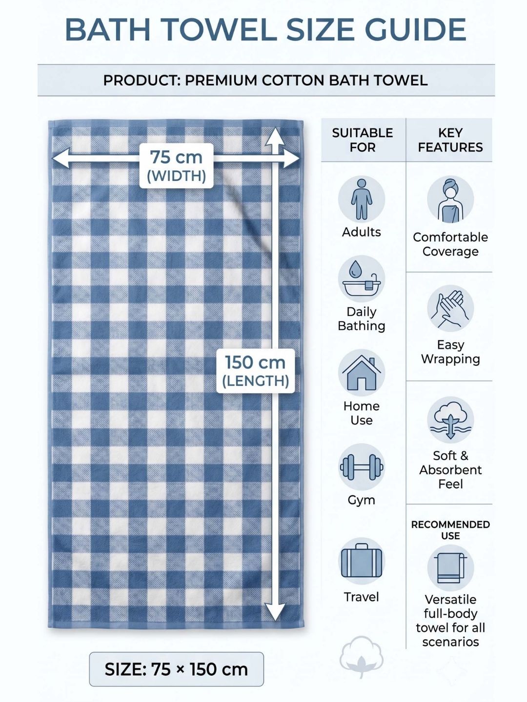 Checks Bath Towel for Men & Women Blue -By Athom Living - Athom Living