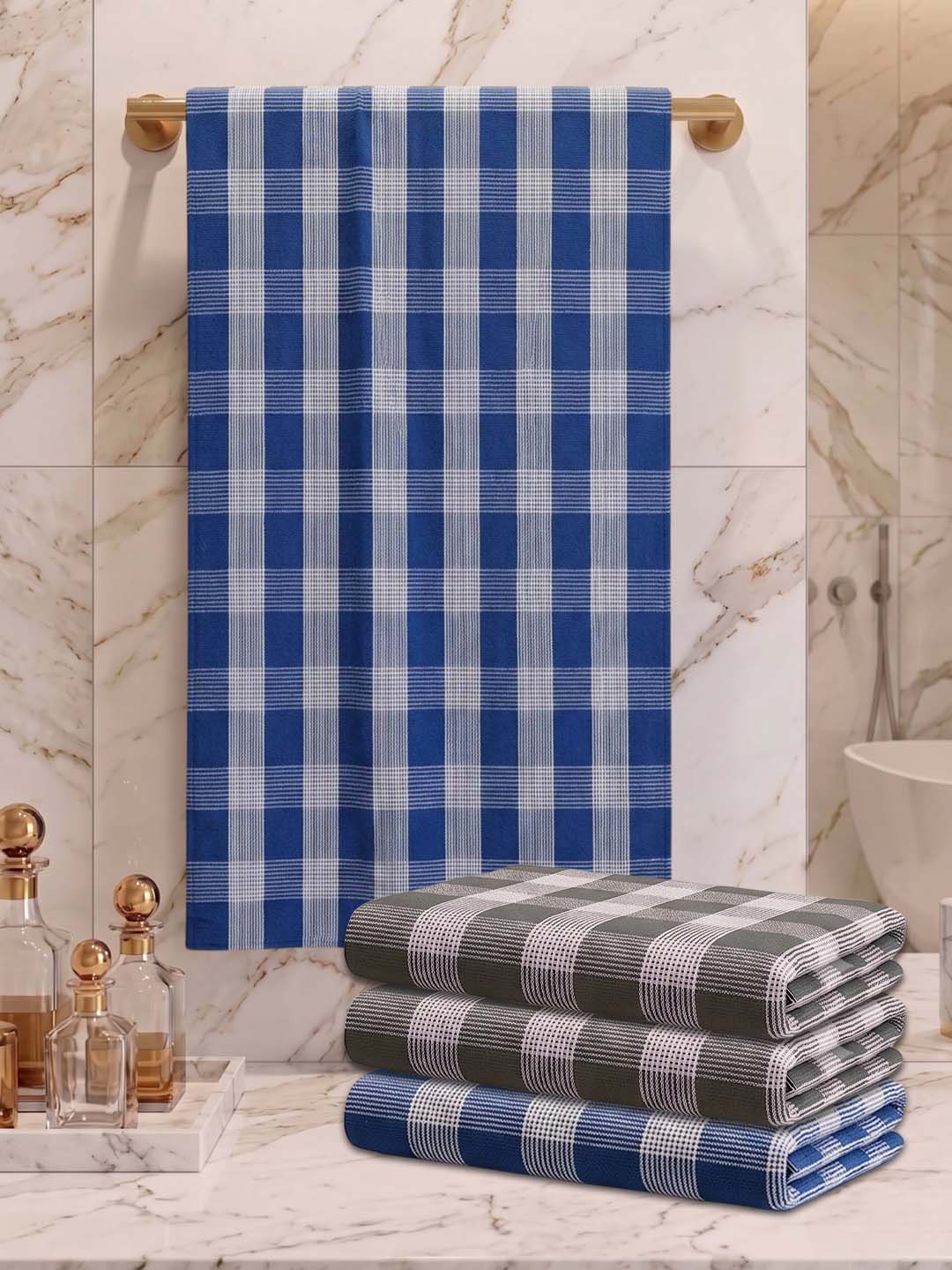 Checks Bath Towel for Men & Women Blue & Olive Green-By Athom Living - Athom Living