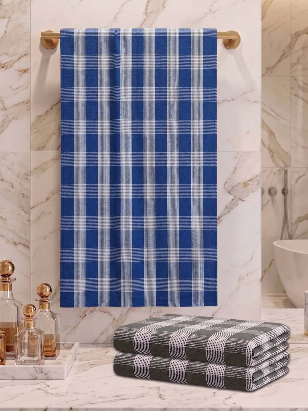 Checks Bath Towel for Men & Women Blue & Olive Green-By Athom Living - Athom Living