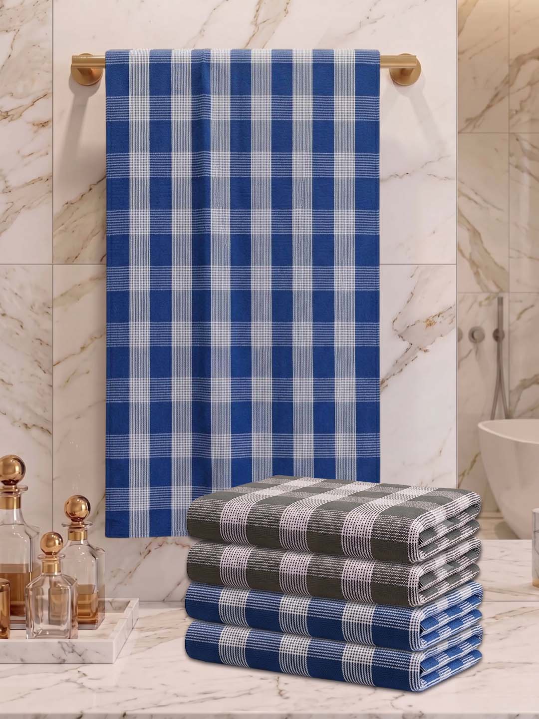 Checks Bath Towel for Men & Women Blue & Olive Green -By Athom Living - Athom Living