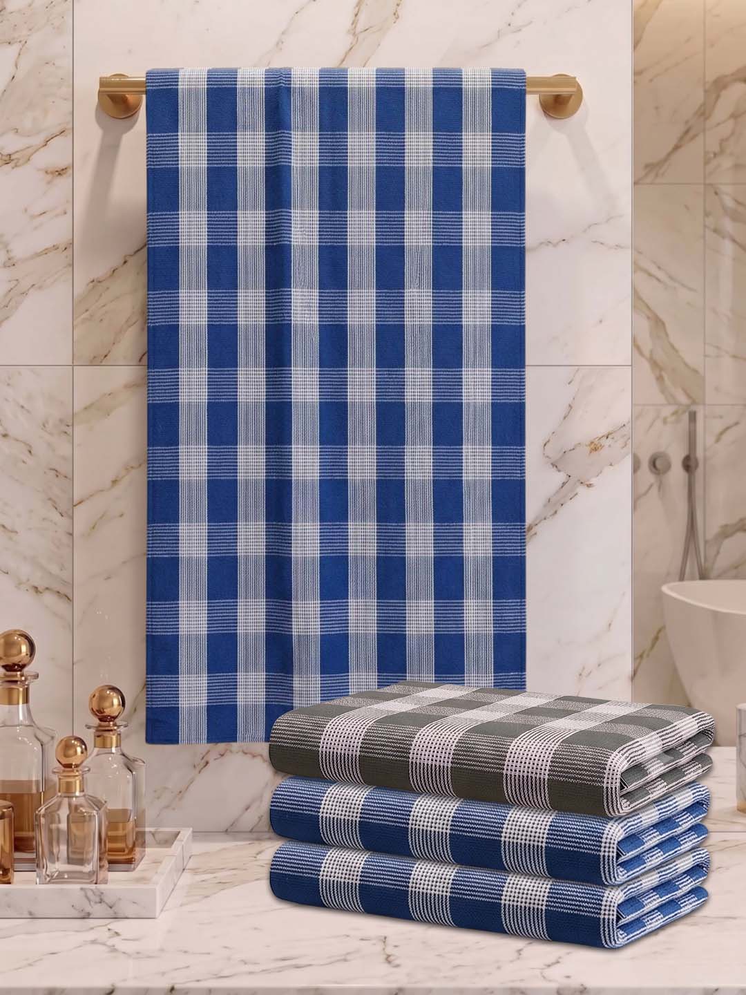 Checks Bath Towel for Men & Women Blue & Olive Green-By Athom Living - Athom Living