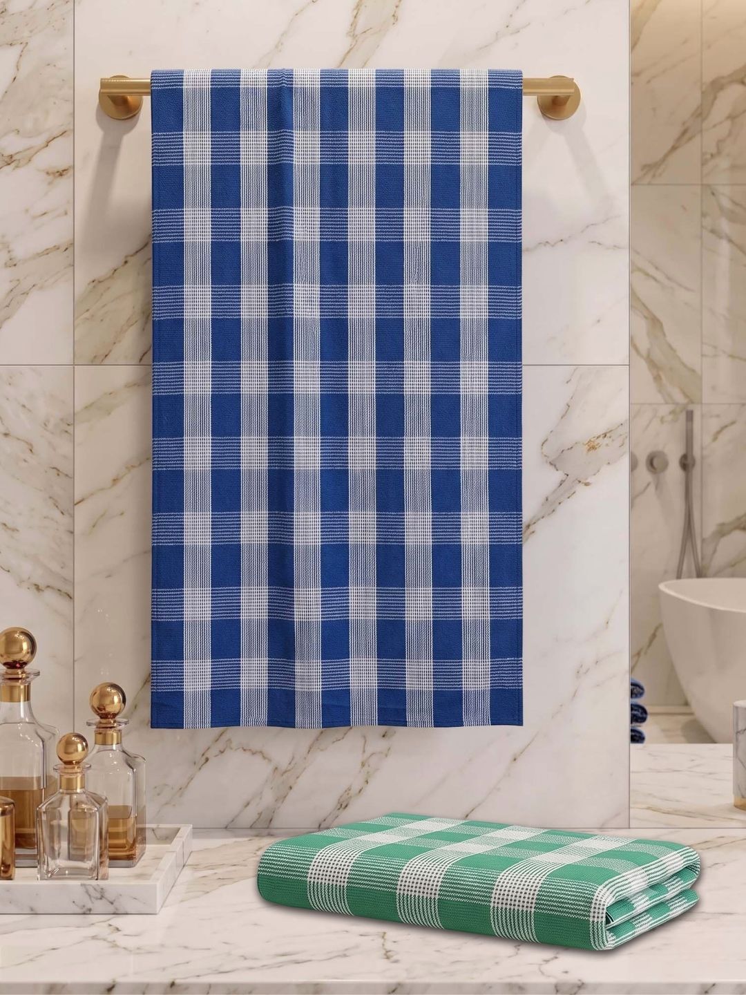 Checks Bath Towel for Men & Women Blue & Sea Green -By Athom Living - Athom Living
