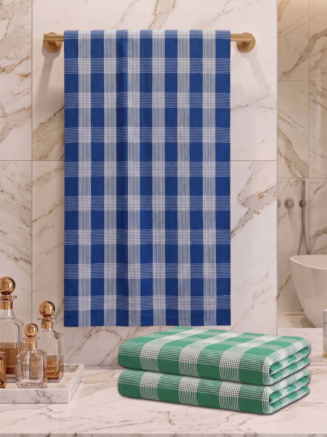 Checks Bath Towel for Men & Women Blue & Sea Green-By Athom Living - Athom Living