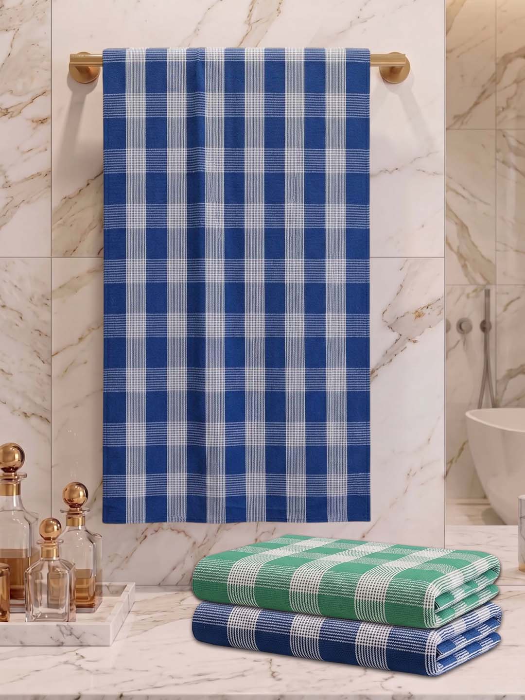 Checks Bath Towel for Men & Women Blue & Sea Green-By Athom Living - Athom Living