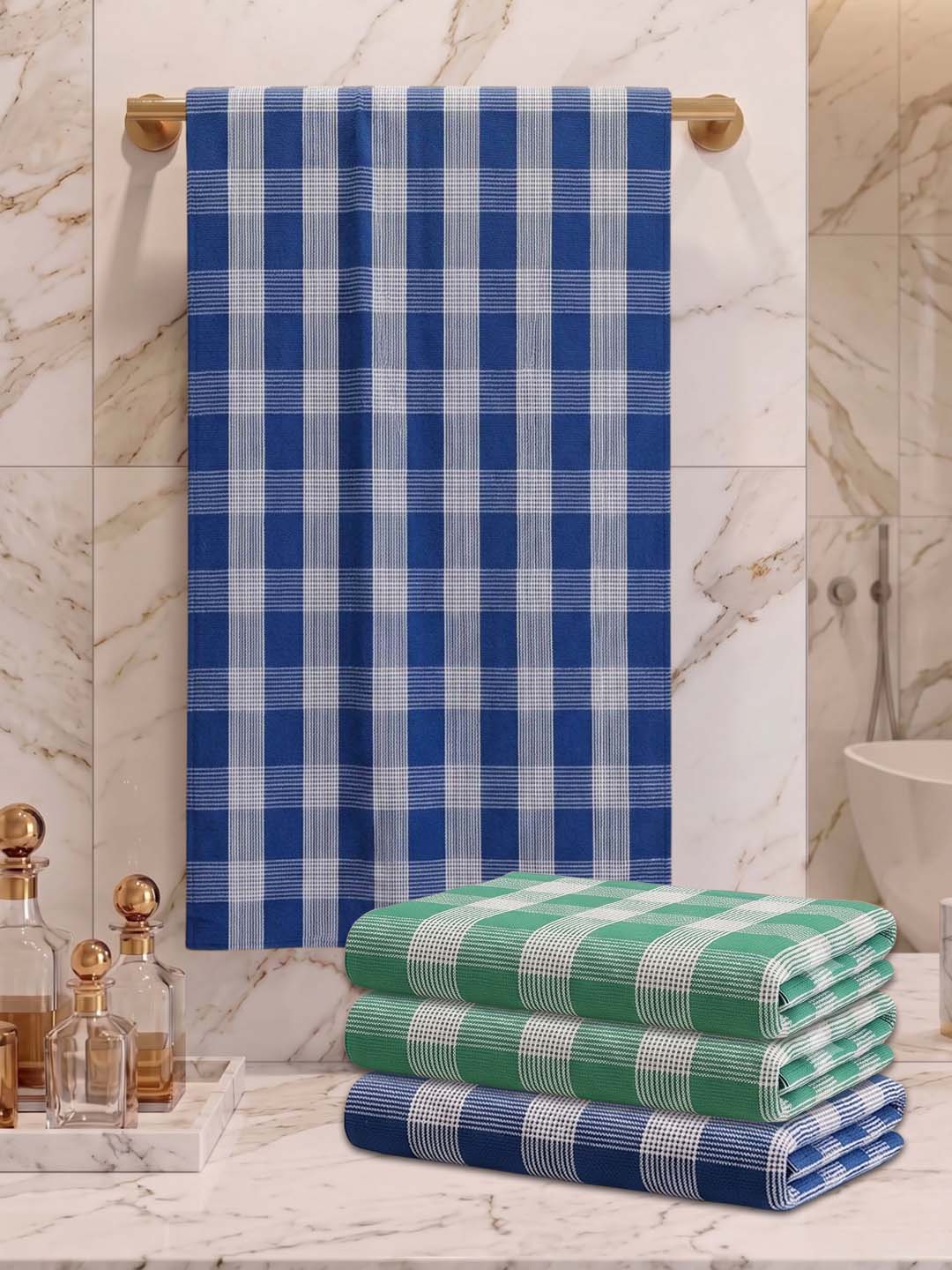 Checks Bath Towel for Men & Women Blue & Sea Green-By Athom Living - Athom Living