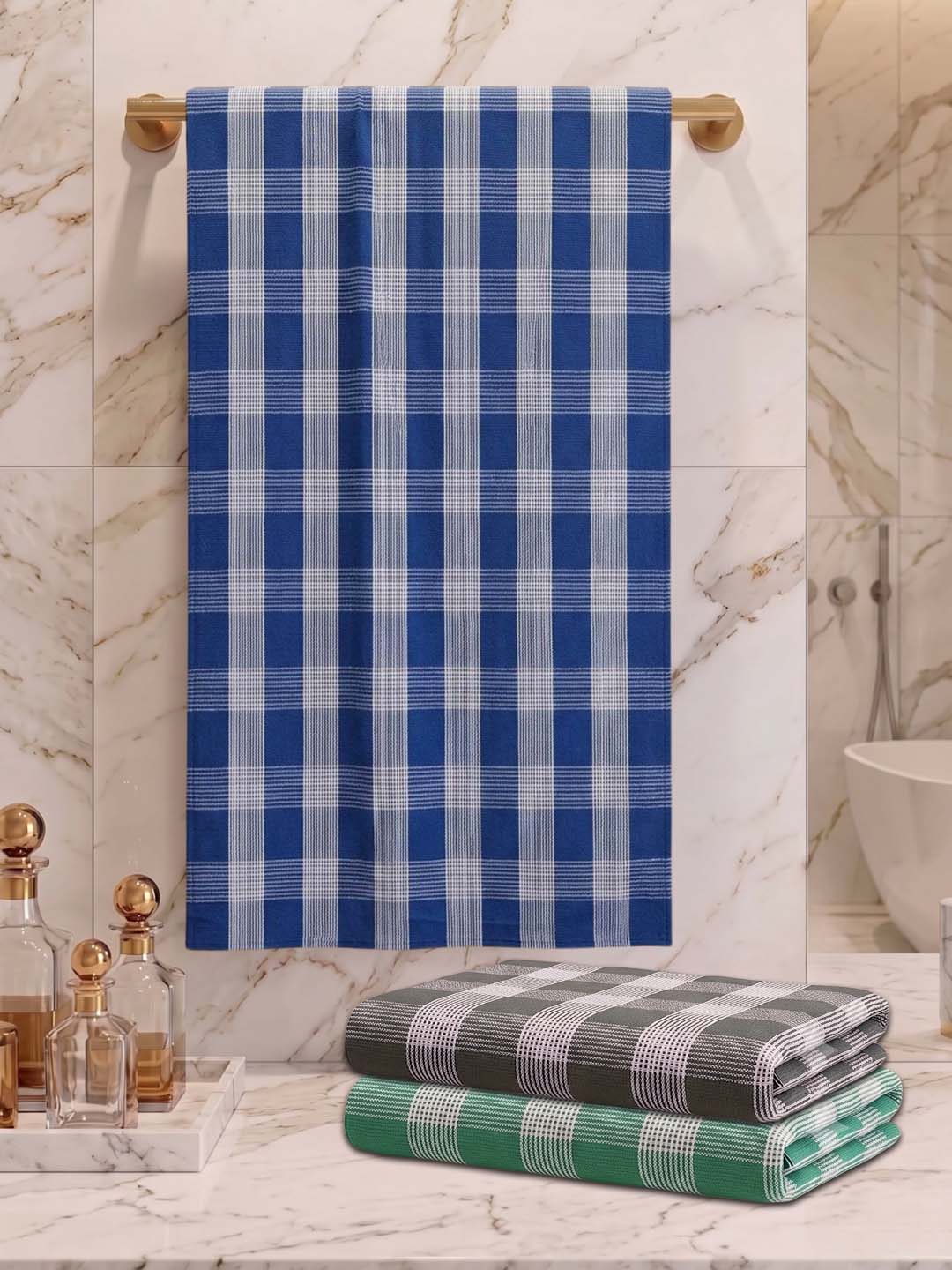 Checks Bath Towel for Men & Women Blue & Sea Green & Olive Green-By Athom Living - Athom Living