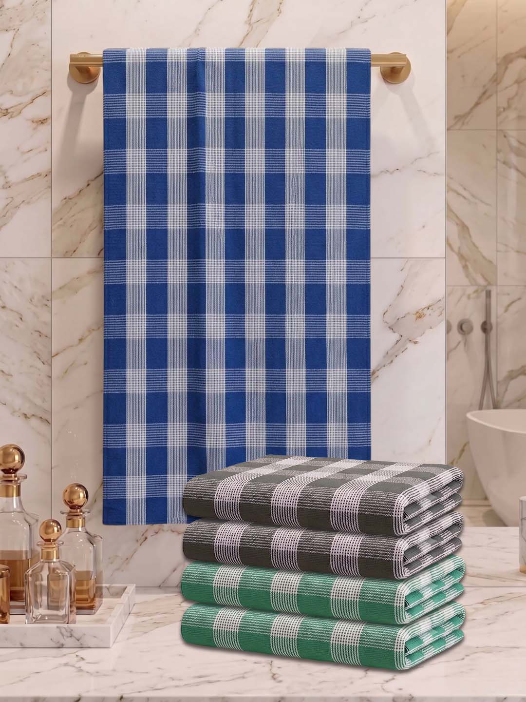 Checks Bath Towel for Men & Women Blue & Sea Green & Olive Green -By Athom Living - Athom Living