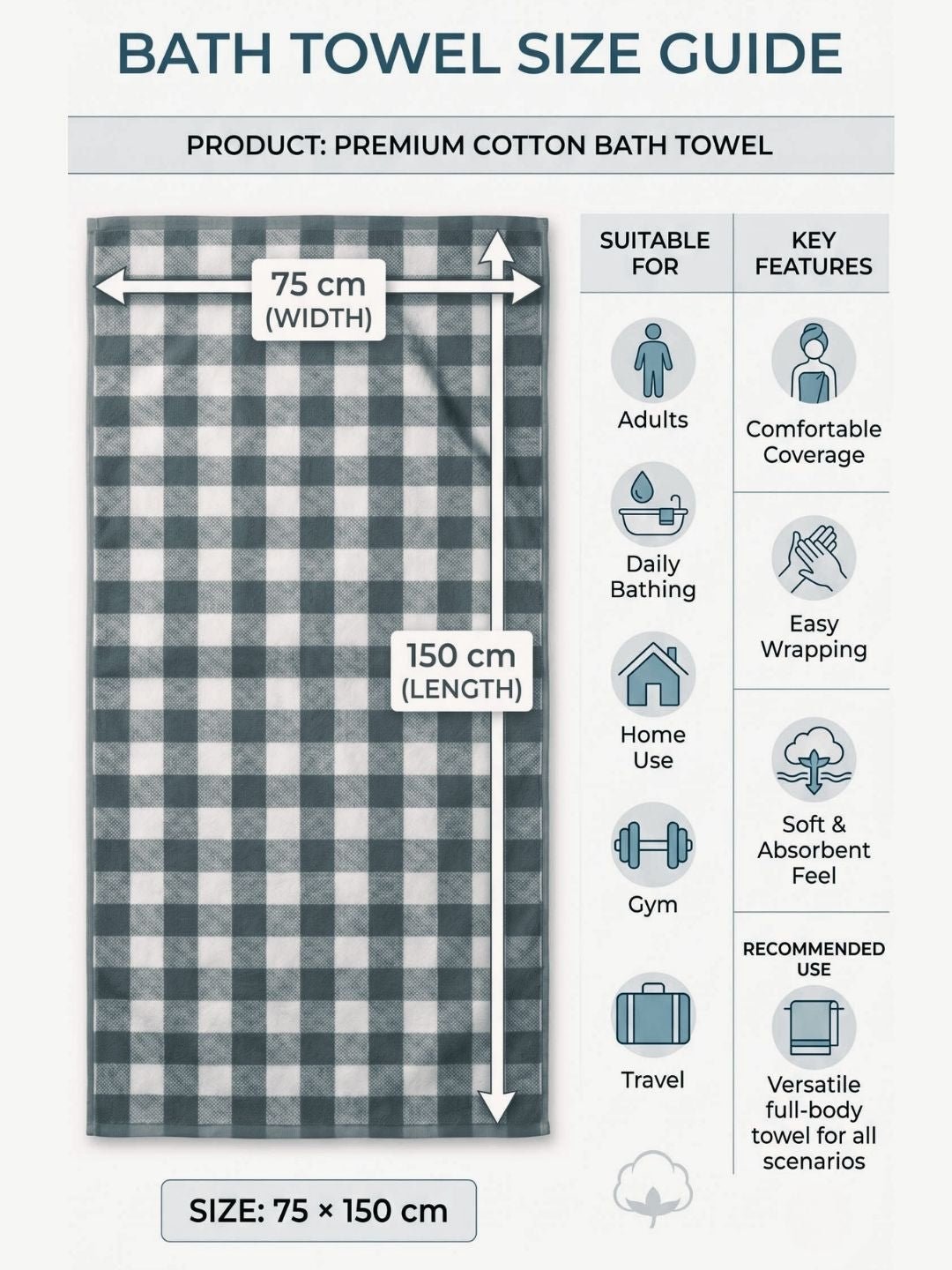 Checks Bath Towel for Men & Women Blue & Sea Green & Olive Green -By Athom Living - Athom Living