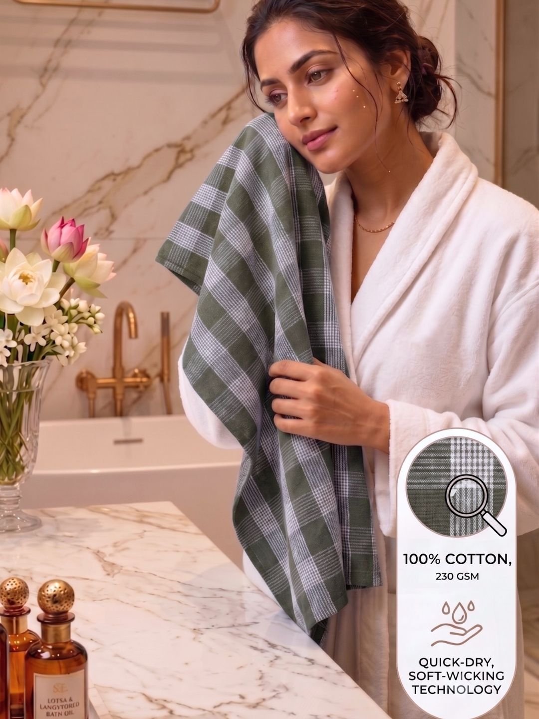 Checks Bath Towel for Men & Women Blue & Sea Green & Olive Green-By Athom Living - Athom Living