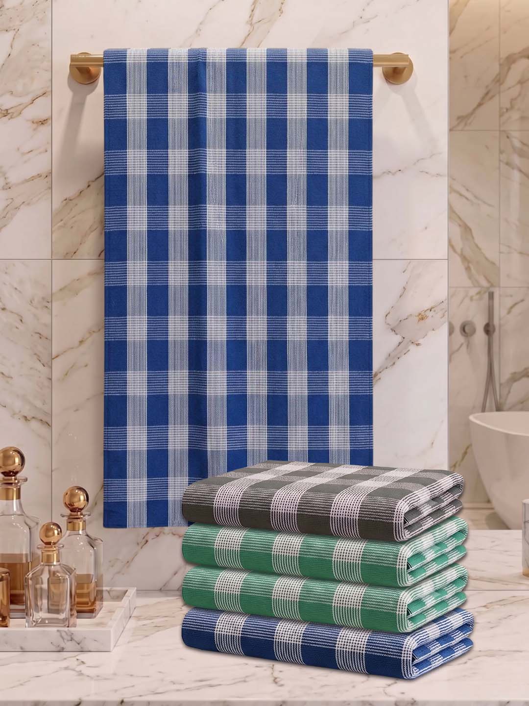 Checks Bath Towel for Men & Women Blue & Sea Green & Olive Green -By Athom Living - Athom Living