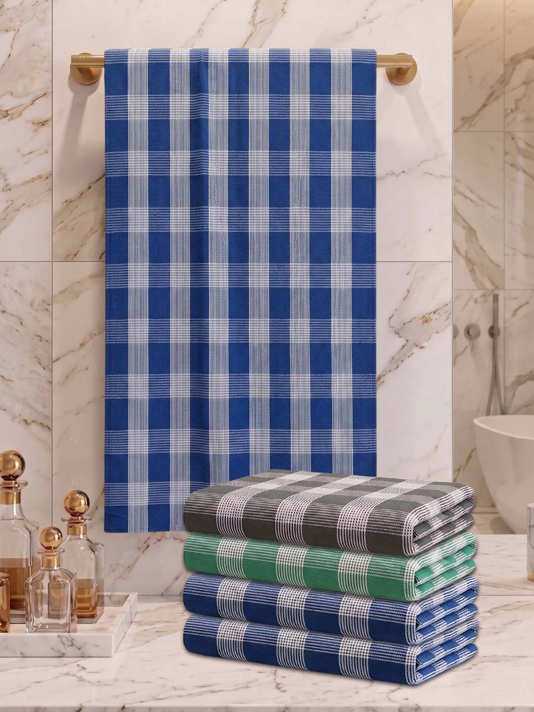 Checks Bath Towel for Men & Women Blue & Sea Green & Olive Green -By Athom Living - Athom Living