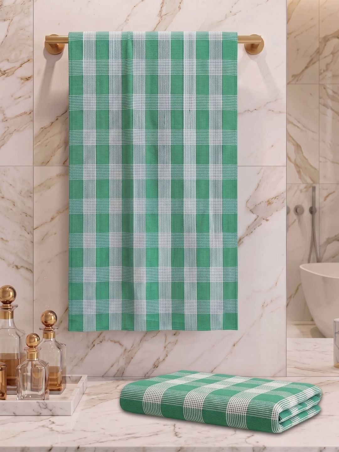 Checks Bath Towel for Men & Women Sea Green-By Athom Living - Athom Living
