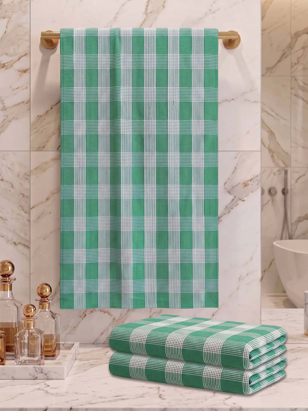 Checks Bath Towel for Men & Women Sea Green-By Athom Living - Athom Living