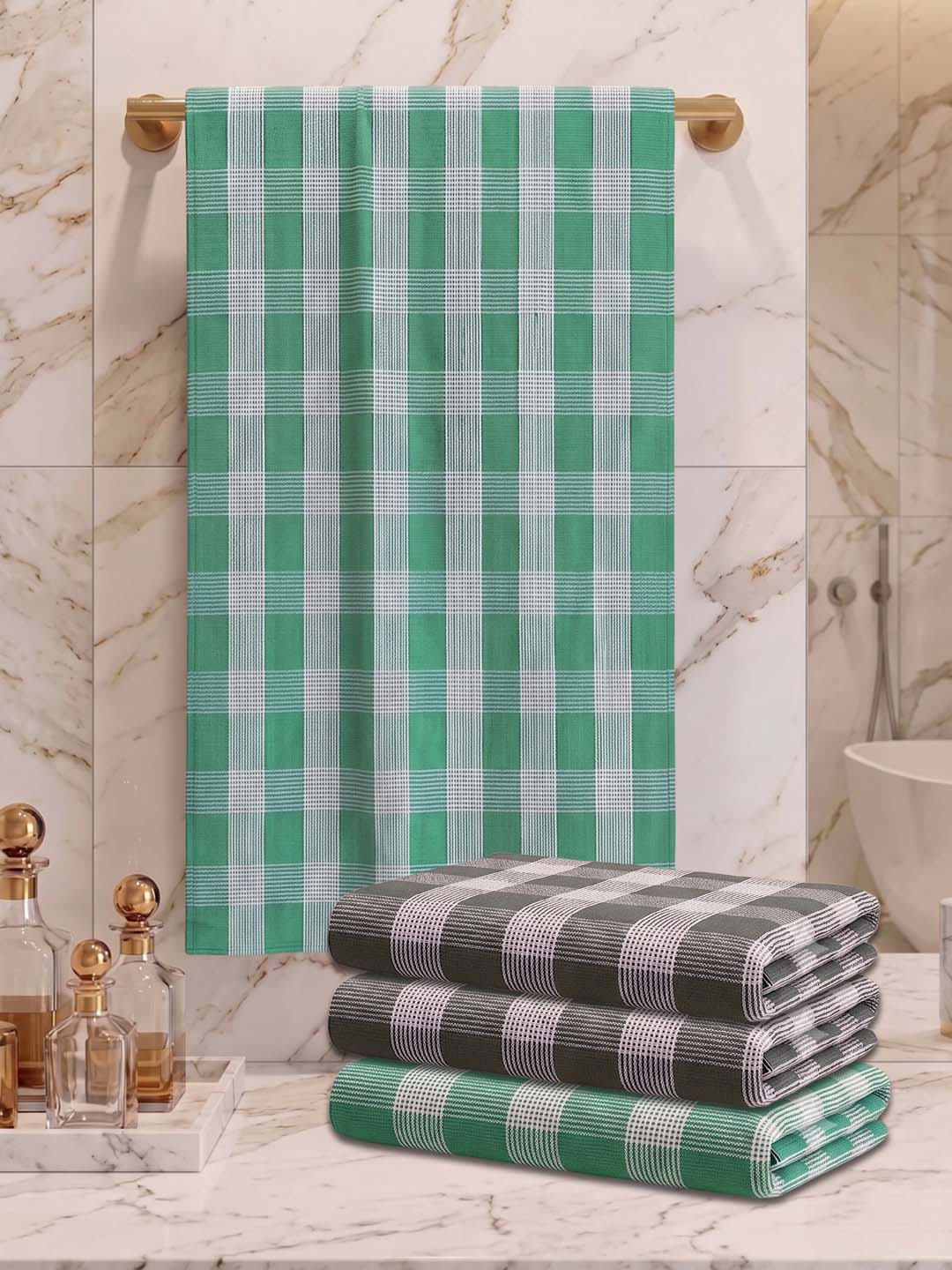 Checks Bath Towel for Men & Women Sea Green & Olive Green-By Athom Living - Athom Living