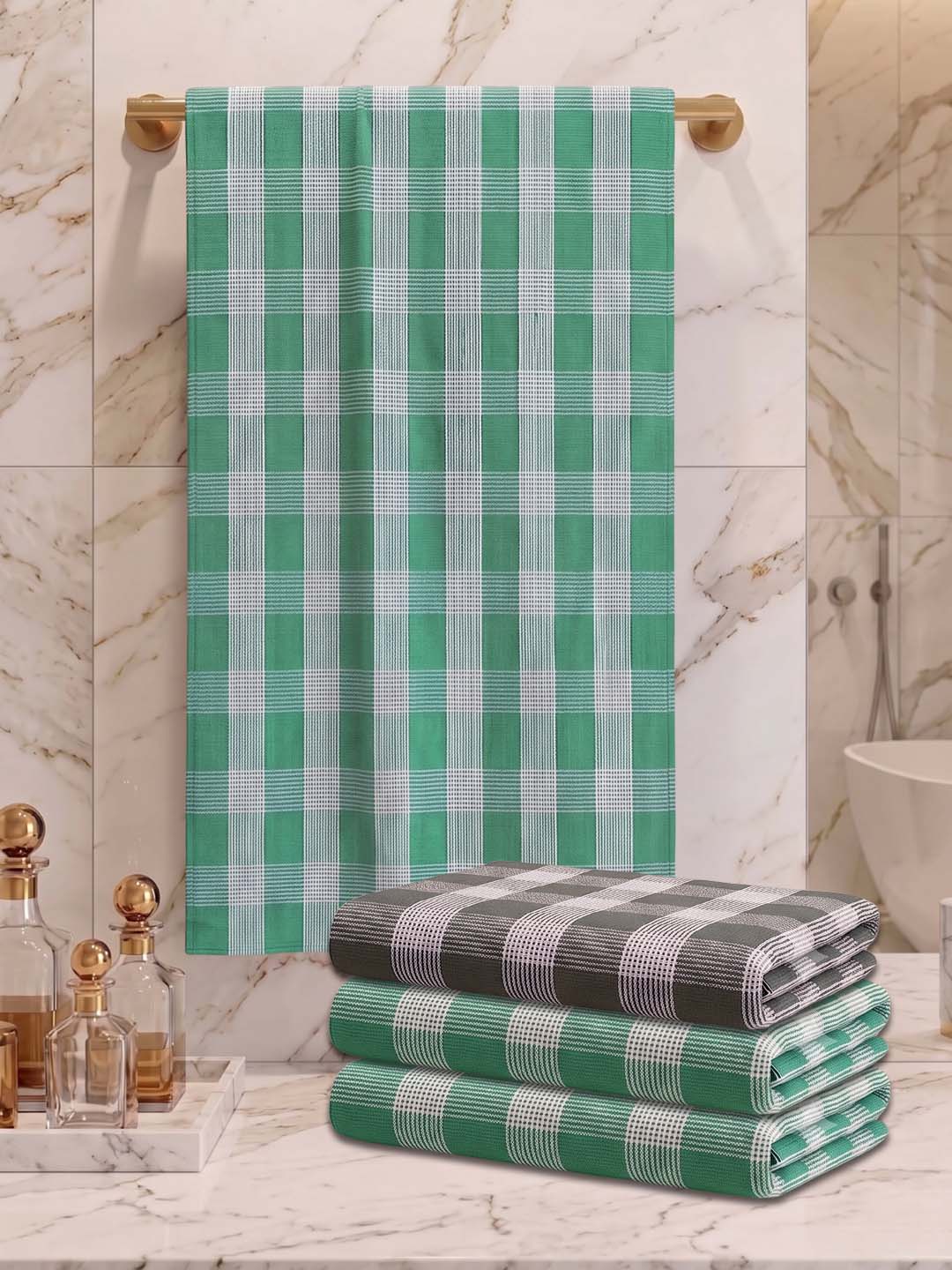 Checks Bath Towel for Men & Women Sea Green & Olive Green-By Athom Living - Athom Living