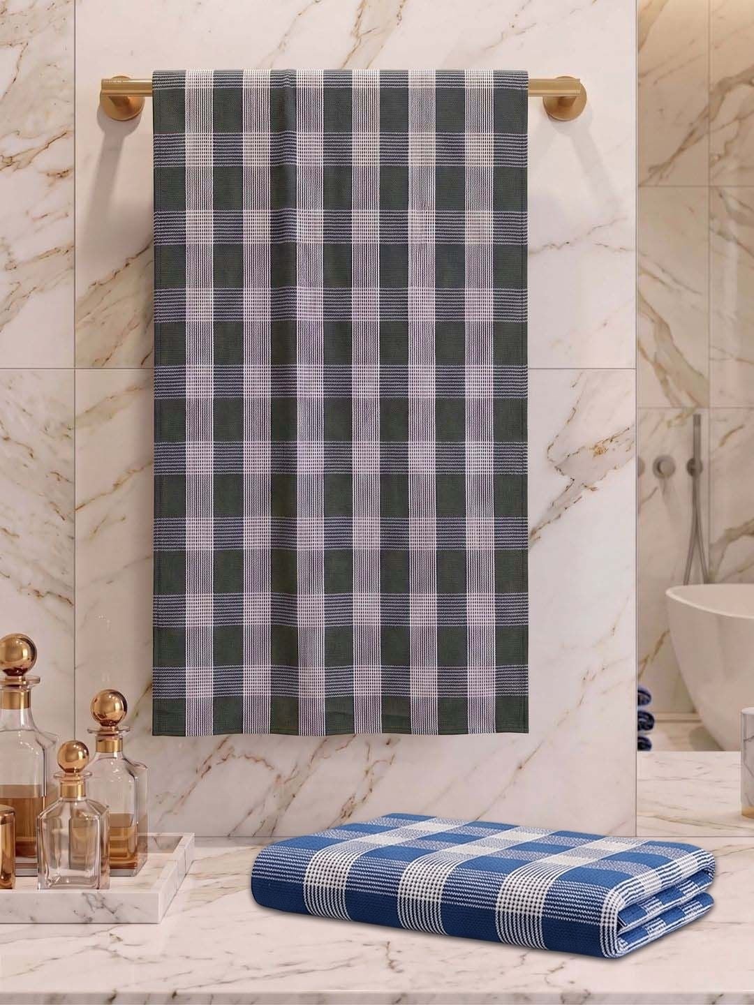 Checks Bath Towel for Men & Women Sea Green & Olive Green -By Athom Living - Athom Living