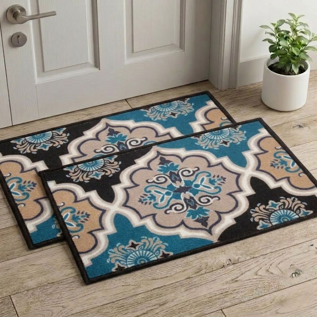 Contemporaray Blue Premium Anti Slip Printed Door Mat Pack of 2 by Athom Living - Athom Living