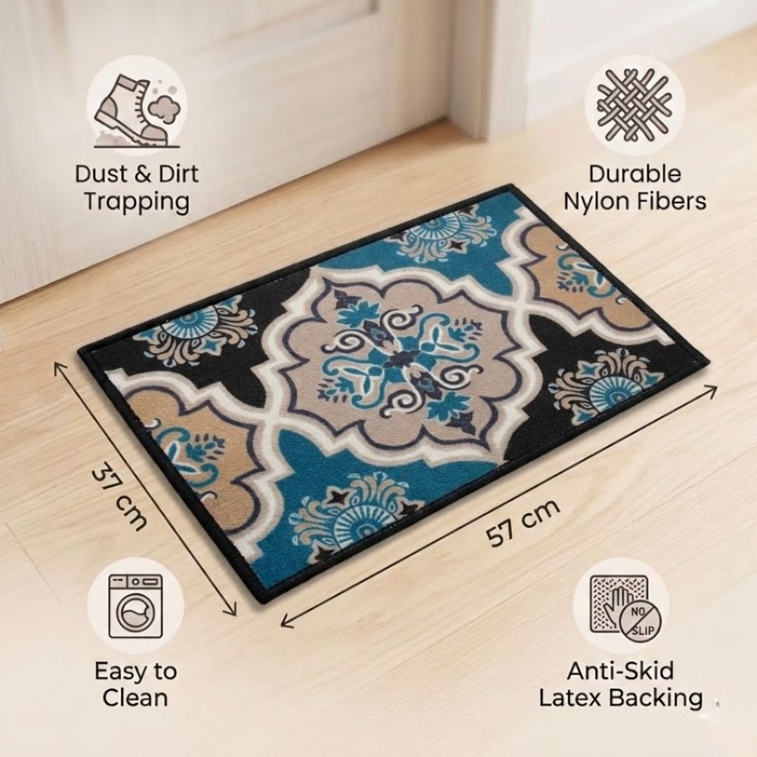 Contemporaray Blue Premium Anti Slip Printed Door Mat Pack of 2 by Athom Living - Athom Living