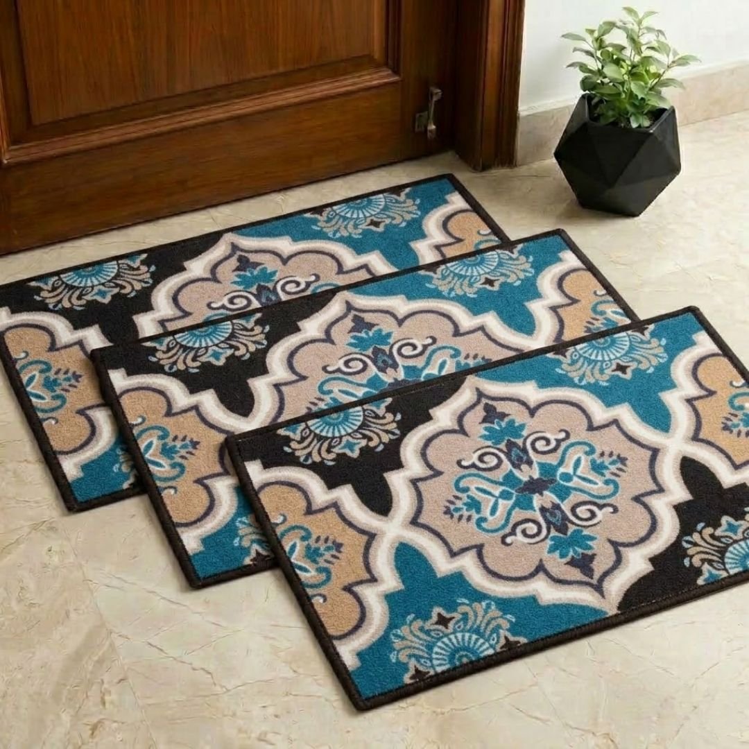 Contemporaray Blue Premium Anti Slip Printed Door Mat Pack of 3 by Athom Living - Athom Living