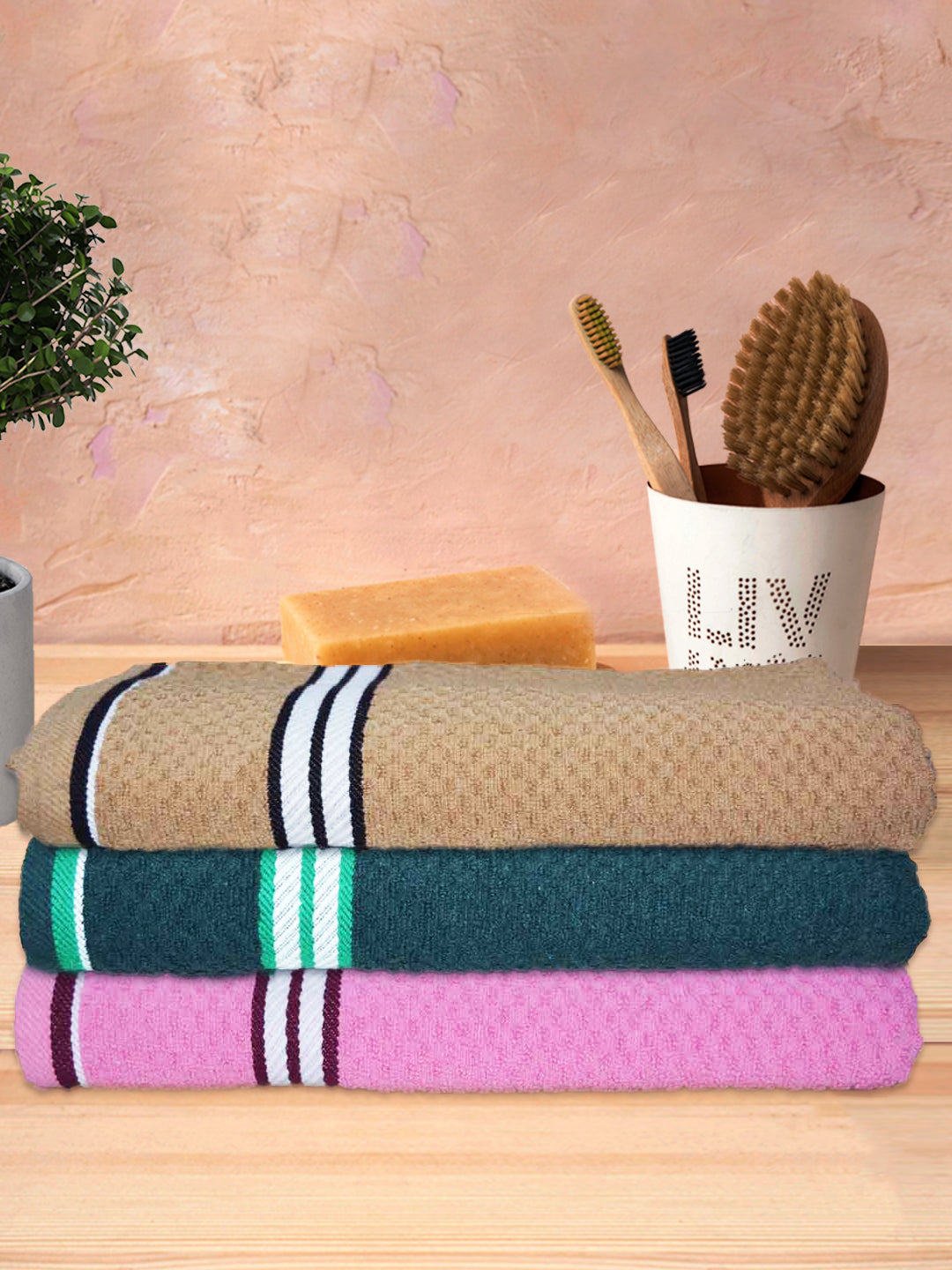 cotton pink brown green popcorn bath towels 