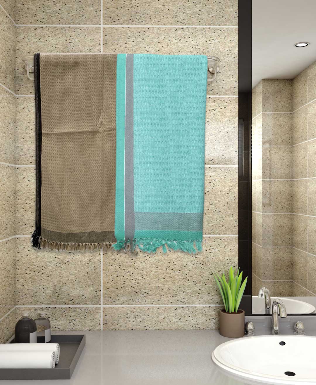 Dark Brown & Light Blue Light Weight Premium Cotton Bath (Pack of 2) by Athom Living - Athom Living