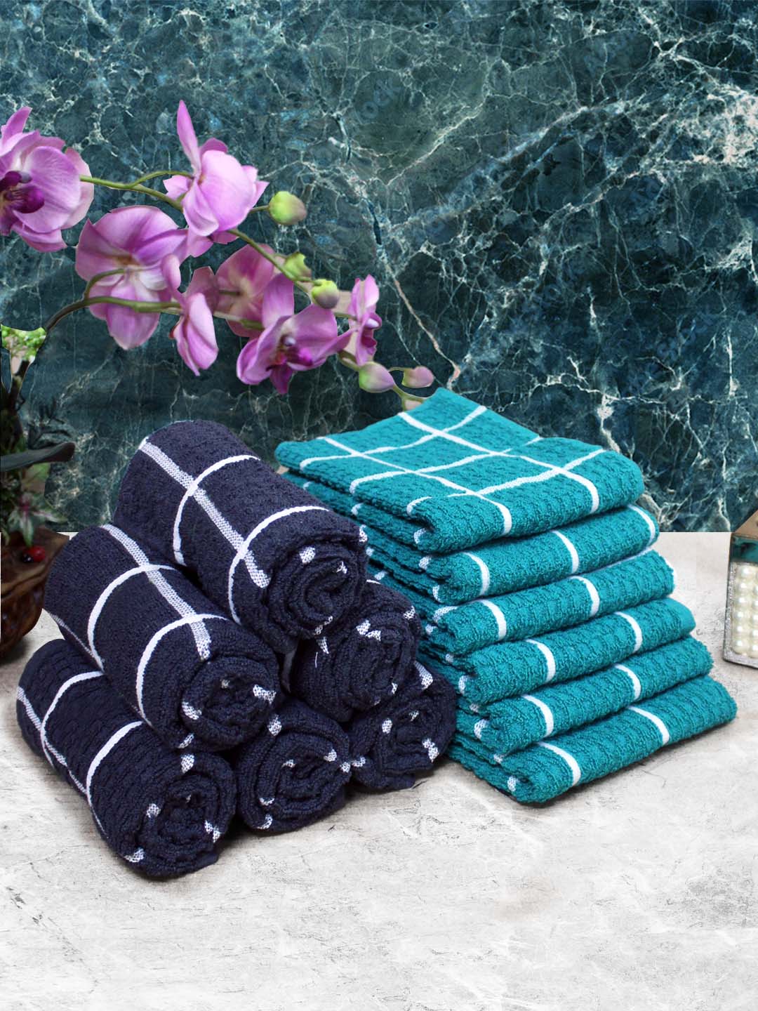 Dark Navy Blue & Light Blue Cotton Soft Hand Towel (Pack of 12) by Athom Living - Athom Living