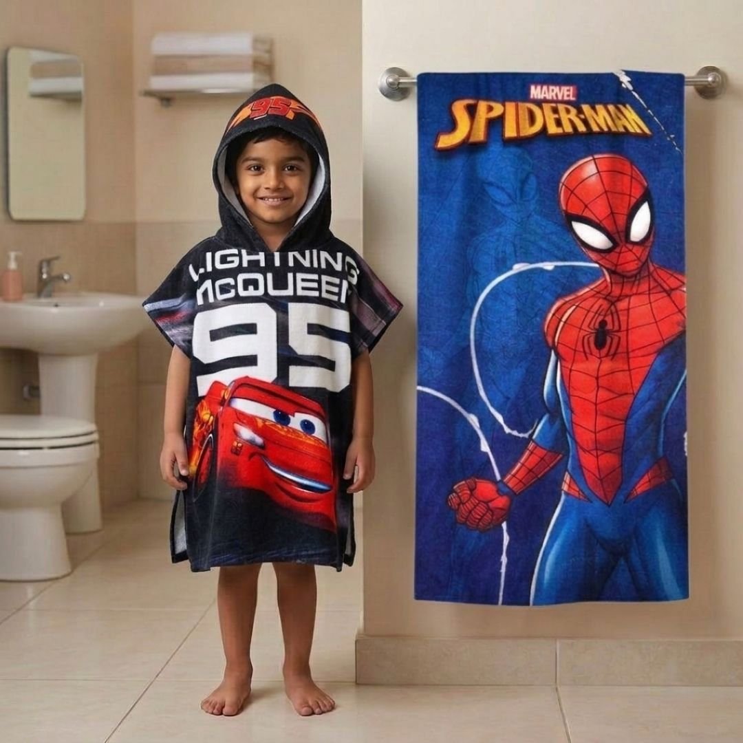 Disney Cars Kids Hooded and Spiderman Bath Towel Combo by Athom Living - Athom Living