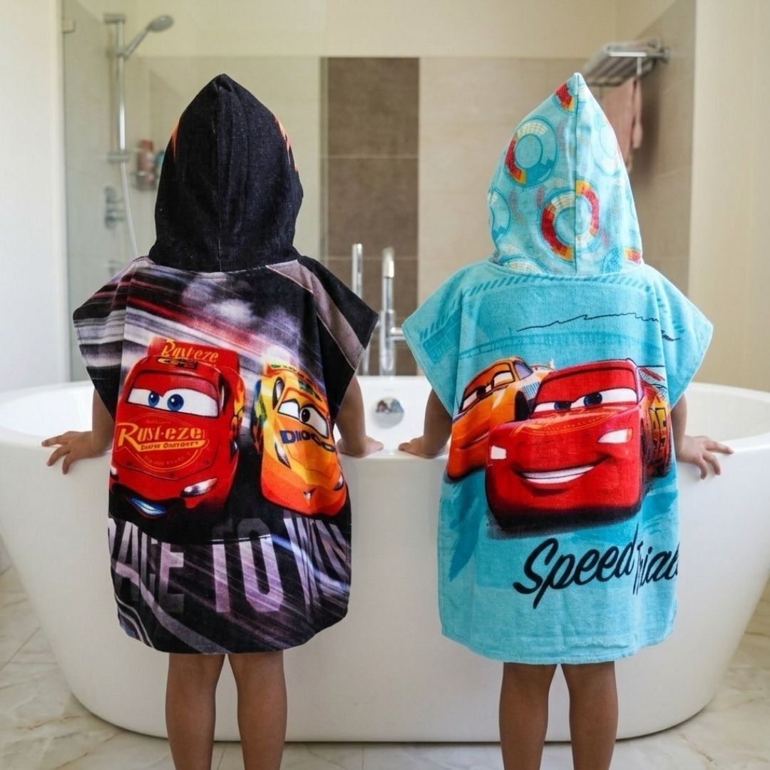 Disney Cars Lightning McQueen - Hooded Poncho Kids Towels Combo Set of 2 by Athom Living - Athom Living