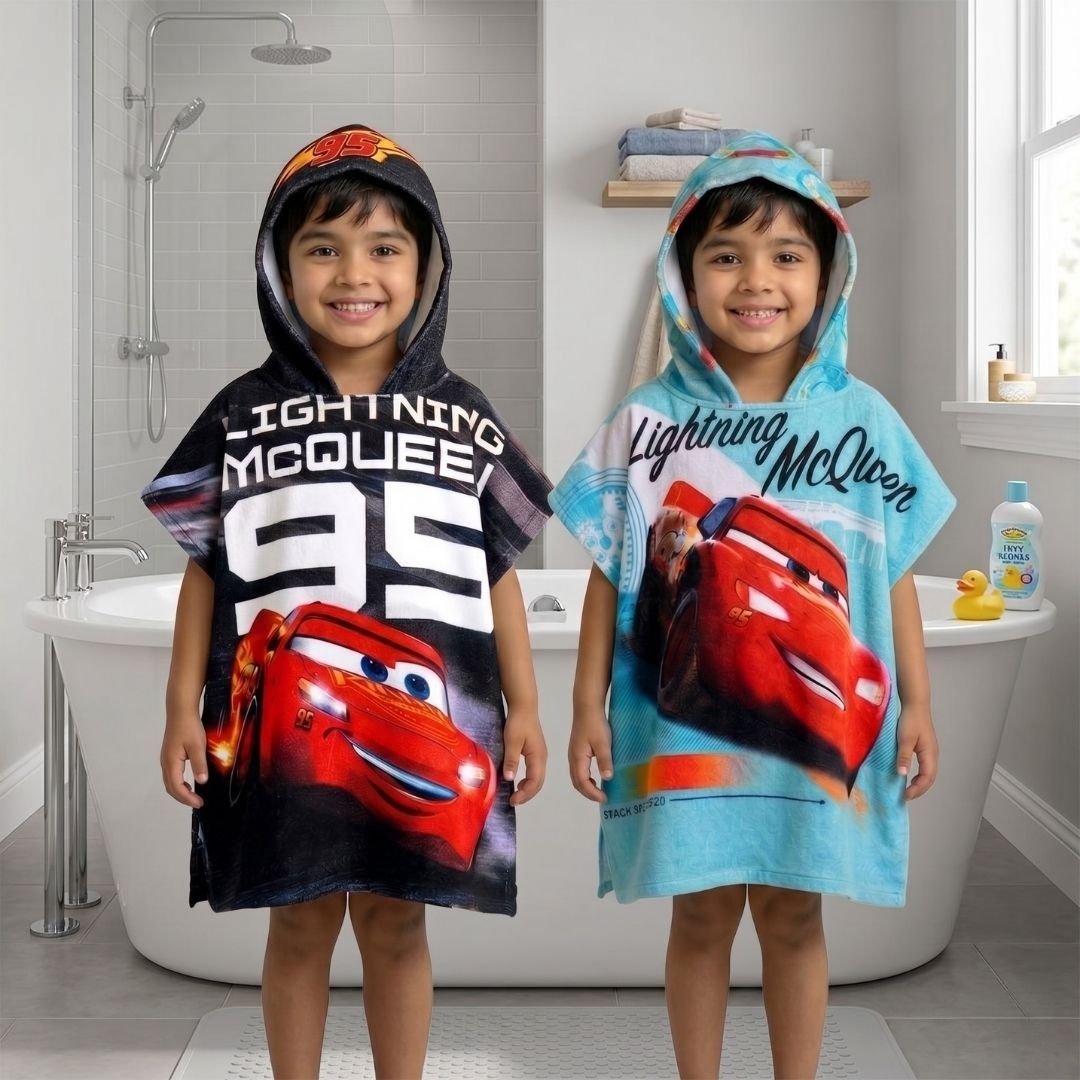 Disney Cars Lightning McQueen - Hooded Poncho Kids Towels Combo Set of 2 by Athom Living - Athom Living