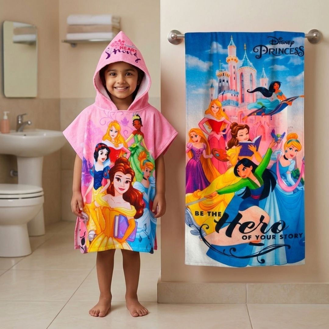 Disney Princess Kids Hooded Towel and Kids Bath Towel Combo by Athom Living - Athom Living
