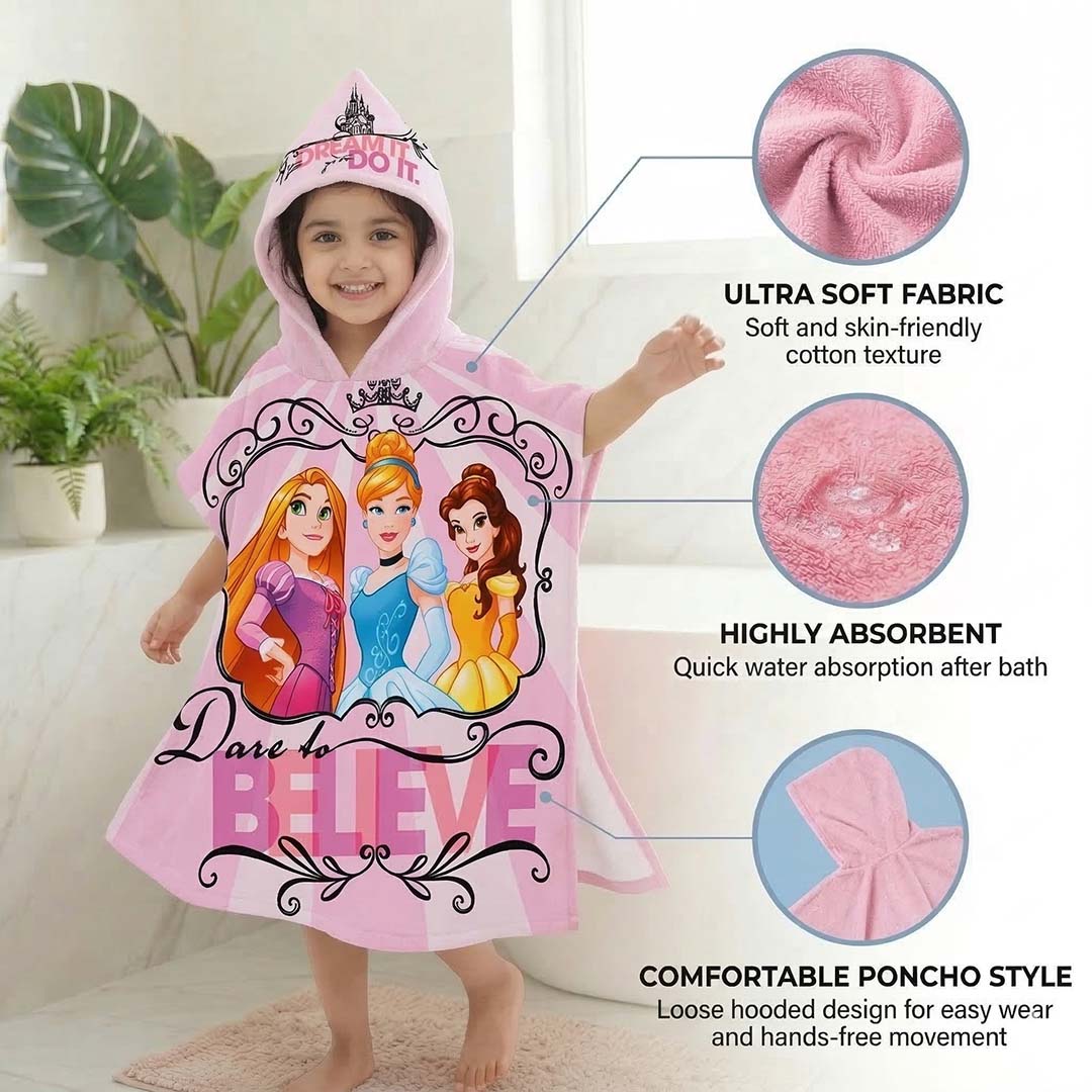 Disney Princess Kids Pink Hooded and Bath Towel Combo by Athom Living - Athom Living