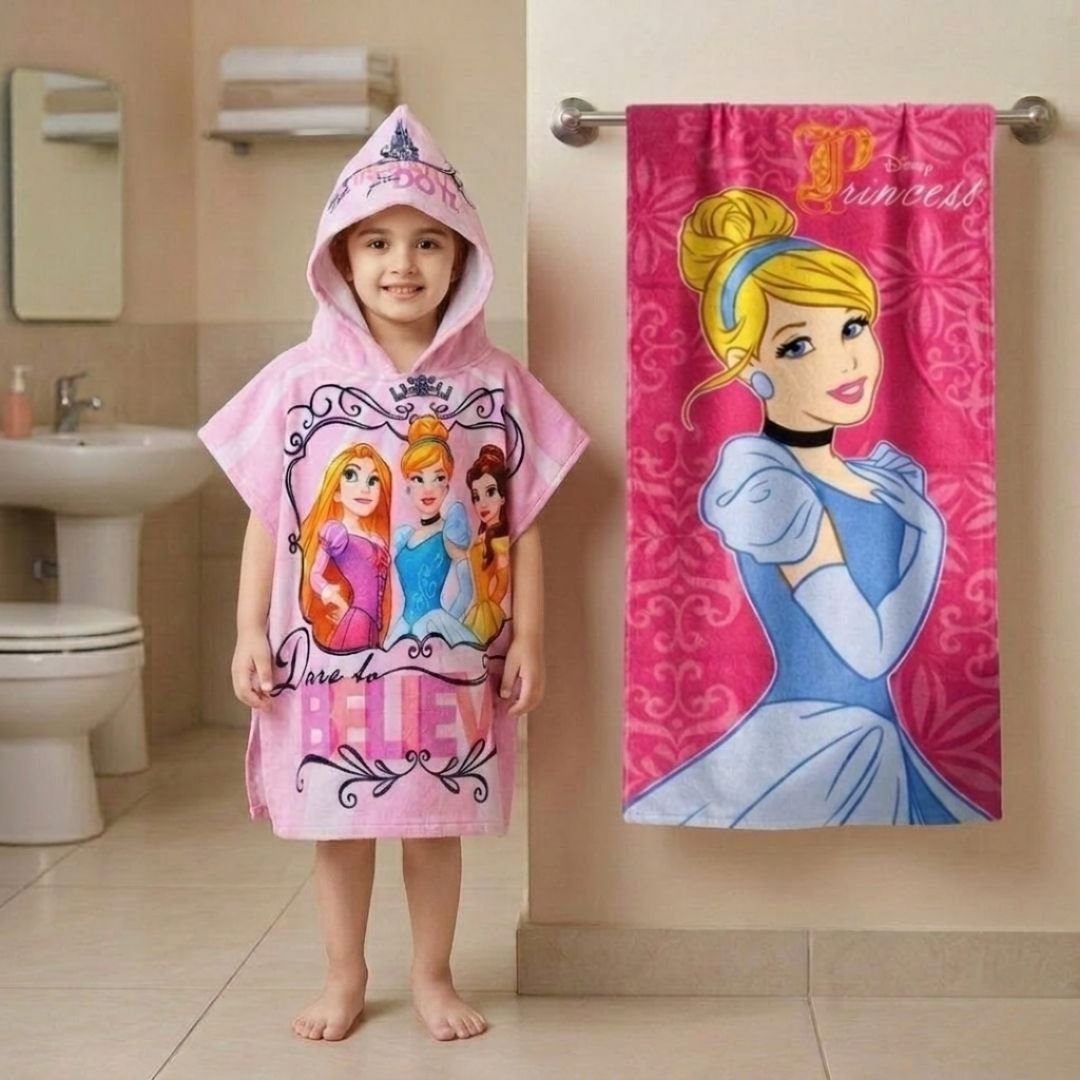 Disney Princess Kids Pink Hooded and Bath Towel Combo by Athom Living - Athom Living