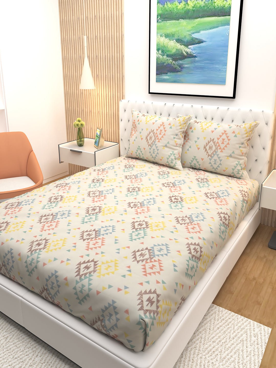 Dreamy Cream Triangle Print Double Bedsheet with 2 Pillow Covers by Athom Living - Athom Living