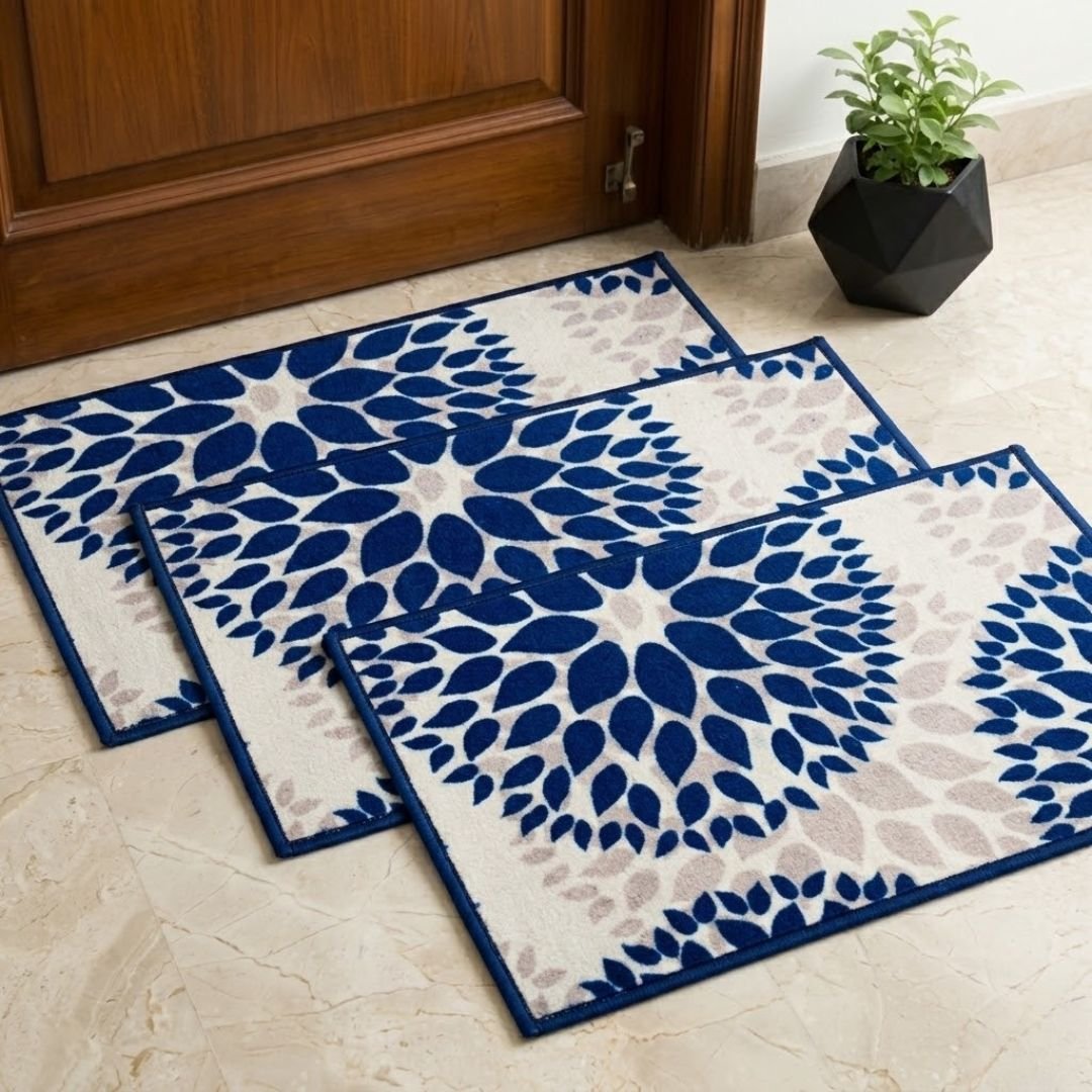 Drop Blue Premium Anti Slip Printed Door Mat Pack of 3 by Athom Living - Athom Living